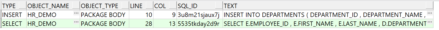 SQL statement listing