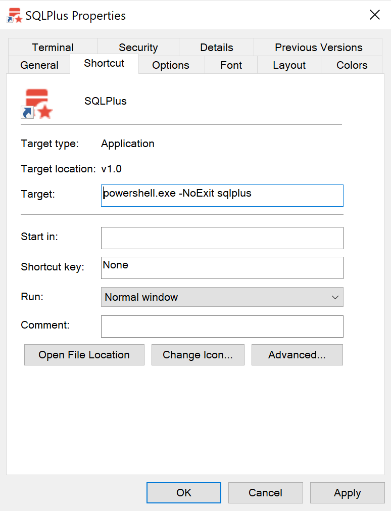 Shortcut for launching SQL*Plus in a PowerShell window