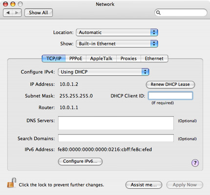 Screenshot of System Preferences, Network, Configure